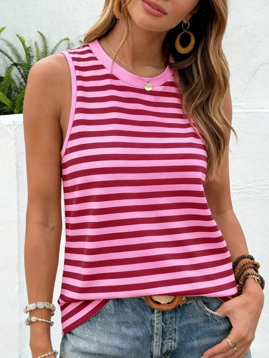 Sirena | Casual tanktop met strepen en fel roze colorblockprint