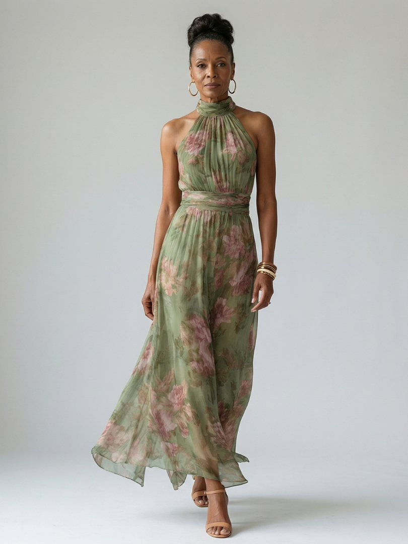 Viviana | Geplooide Halter Midi Jurk