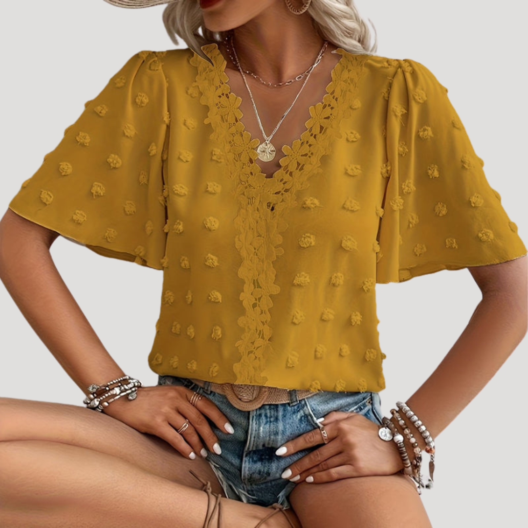 Nalira | Gestructureerde Jacquard Blouse met Ruchesmouw