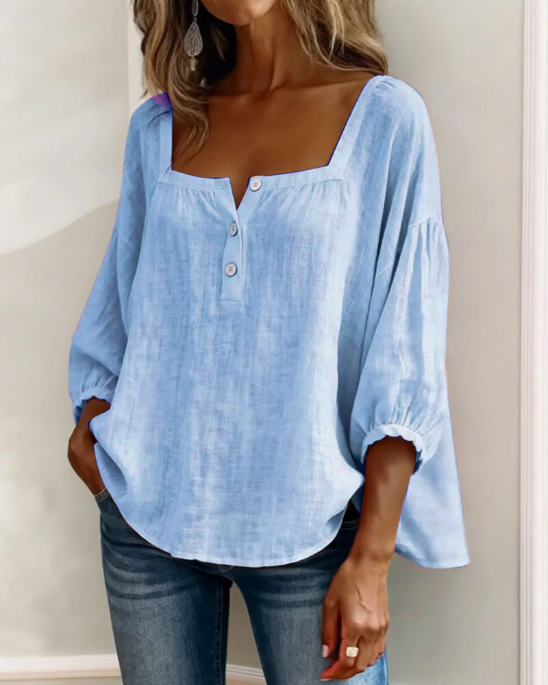 Sabrina | Effen katoenen blouse met lantaarnmouwen