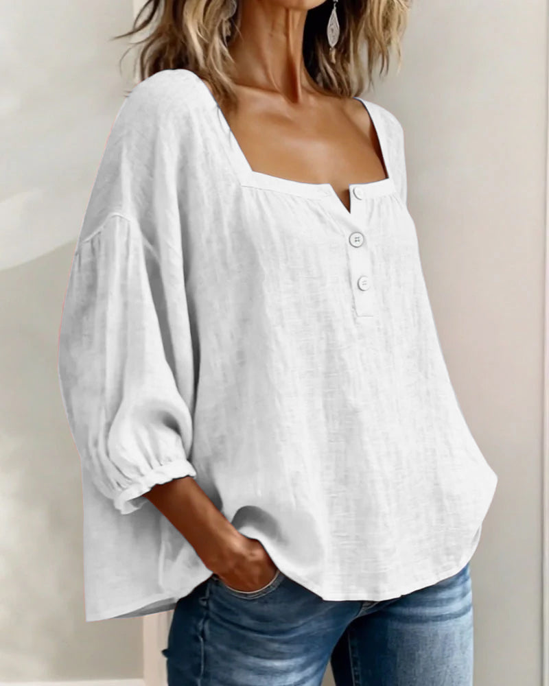 Sabrina | Effen katoenen blouse met lantaarnmouwen