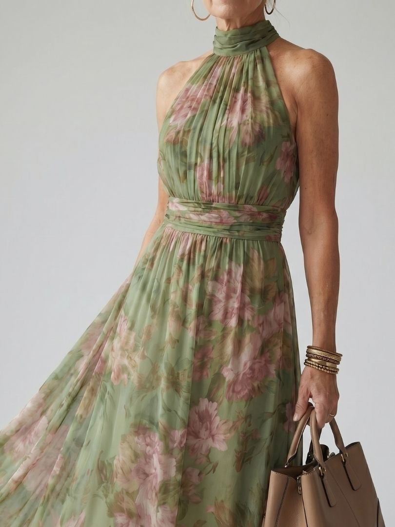 Viviana | Geplooide Halter Midi Jurk