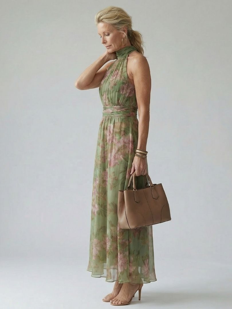 Viviana | Geplooide Halter Midi Jurk