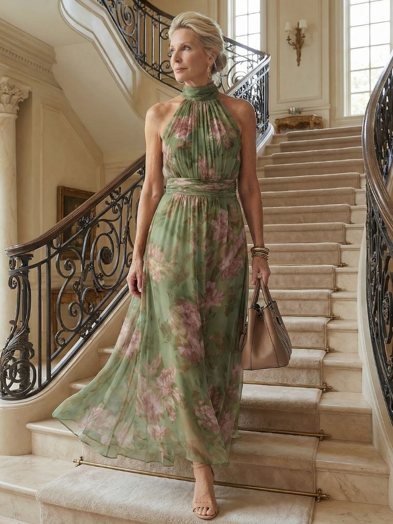 Viviana | Geplooide Halter Midi Jurk