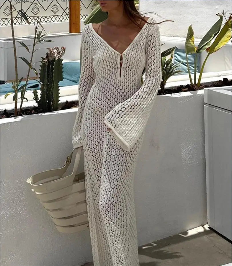 Dafne | Strand Cover-up met Diepe V-hals en Lange Mouwen