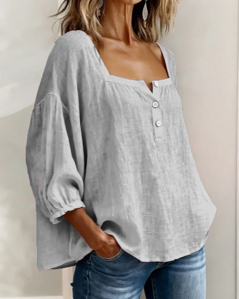Sabrina | Effen katoenen blouse met lantaarnmouwen